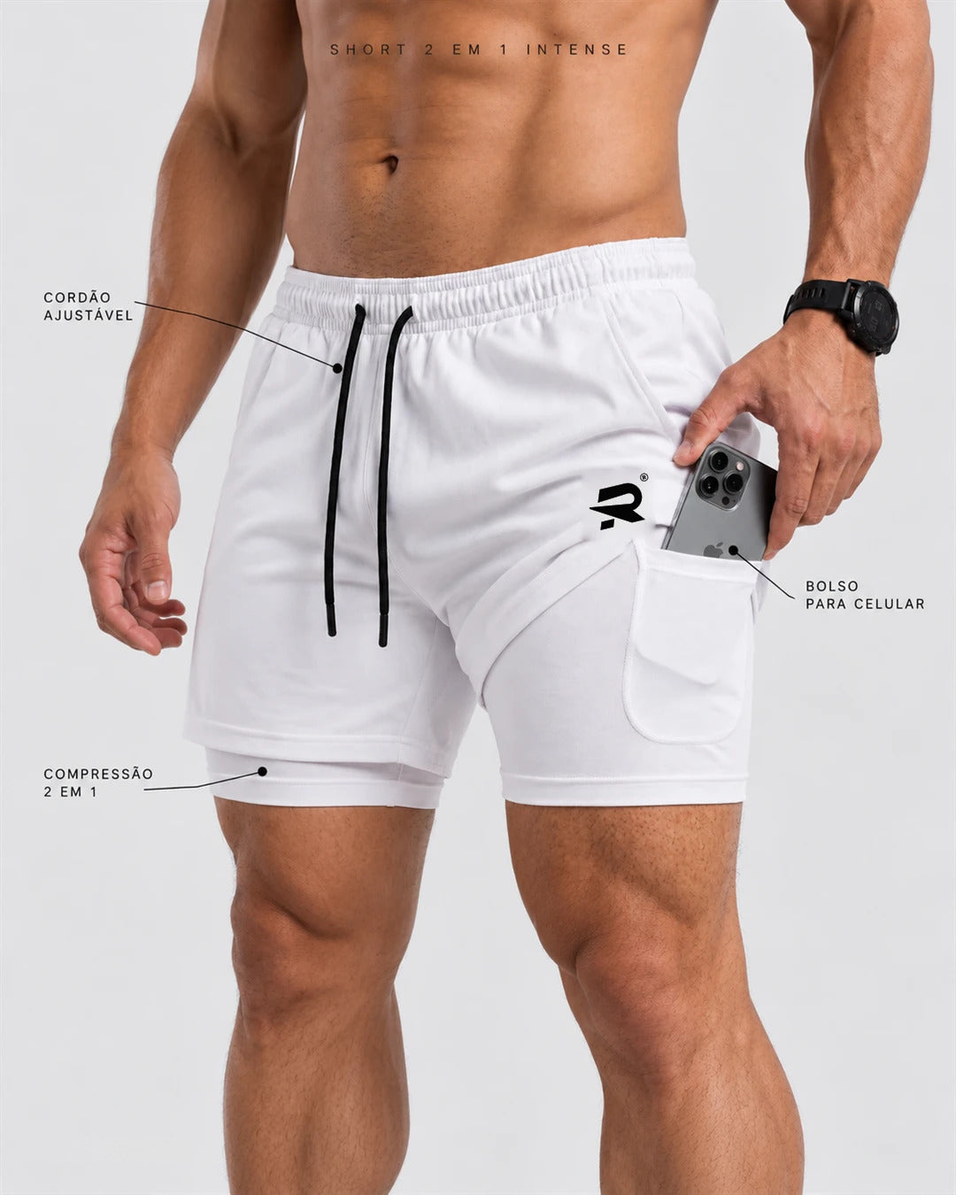 Short 2 em 1 Intense branco com bolso para celular e compressão 2 em 1