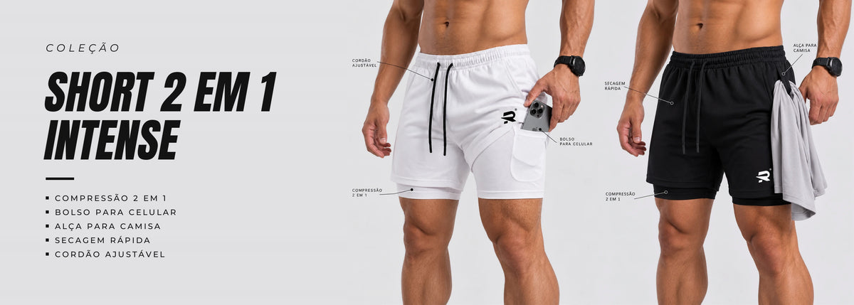 Coleção Short 2 em 1 Intense Rysefit: compressão 2 em 1, bolso para celular, alça para camisa, secagem rápida e cordão ajustável