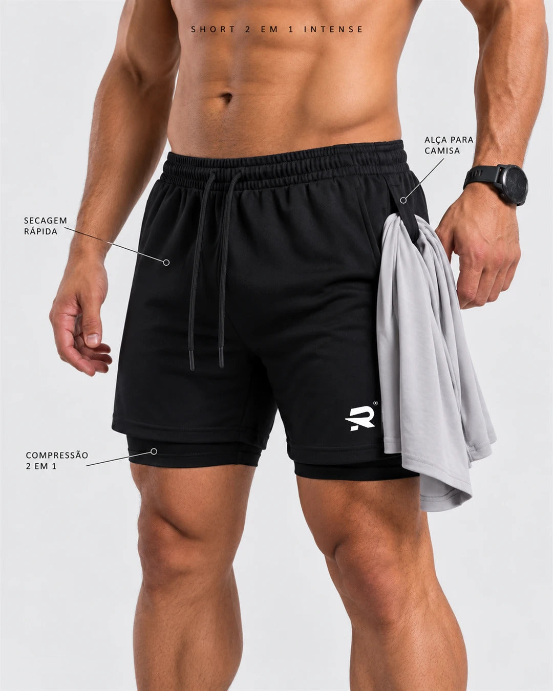 Short 2 em 1 Intense preto com alça para camisa, secagem rápida e compressão 2 em 1
