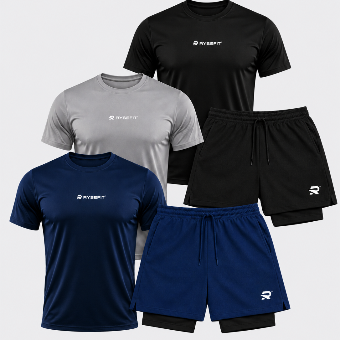 Pack Apex — 3 Camisetas Dry Fit + 2 Shorts de Compressão Intense