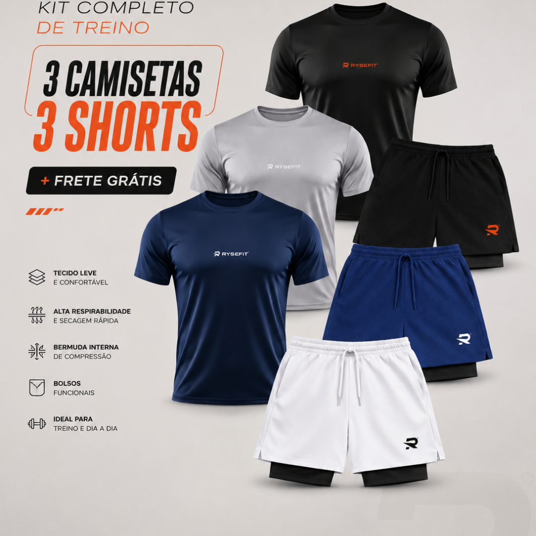 Kit 03 Camisetas Dry Fit + 03 Shorts 2 em 1 Compressão Intense
