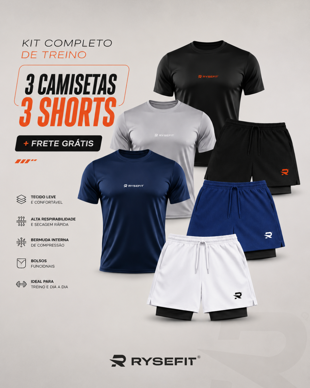 Kit 03 Camisetas Dry Fit + 03 Shorts 2 em 1 Compressão Intense