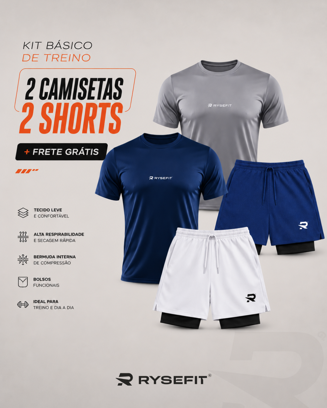 Kit 02 Camisetas Dry Fit + 02 Shorts 2 em 1 Compressão Intense