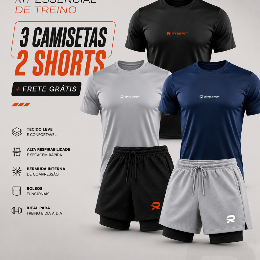 Kit 03 Camisetas Dry Fit + 02 Shorts 2 em 1 Compressão Intense