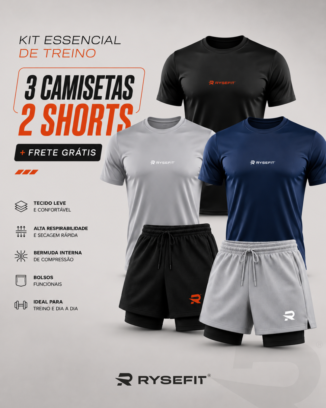 Kit 03 Camisetas Dry Fit + 02 Shorts 2 em 1 Compressão Intense