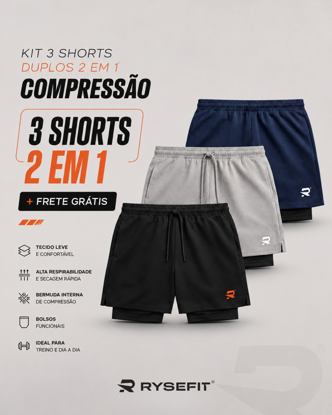 Kit 03 Shorts 2 em 1 Compressão Intense