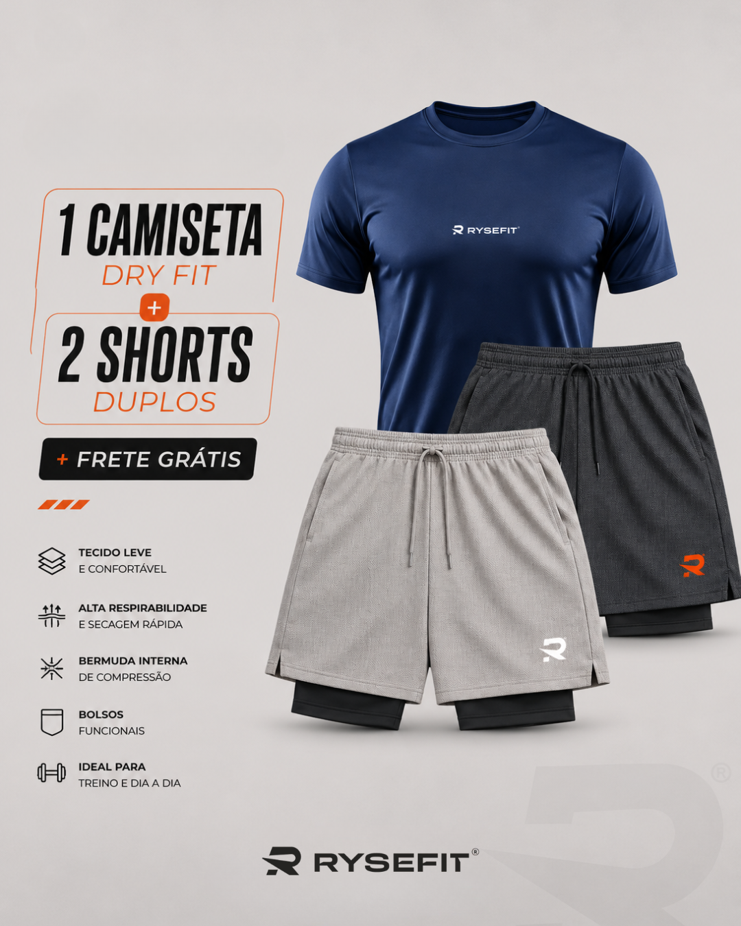 Kit 01 Camiseta Dry Fit + 02 Shorts 2 em 1 Compressão Intense