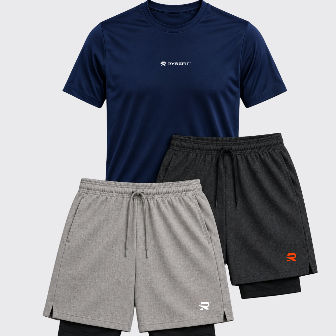 Pack Rise — 1 Camiseta Dry Fit + 2 Shorts de Compressão Intense