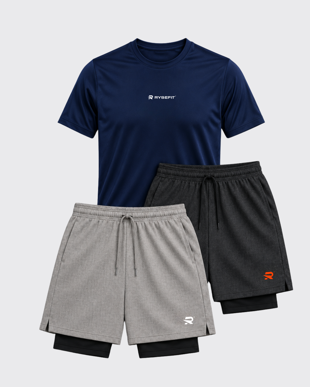 Pack Rise — 1 Camiseta Dry Fit + 2 Shorts de Compressão Intense