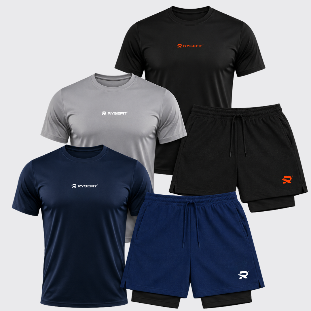 Pack Apex — 3 Camisetas Dry Fit + 2 Shorts de Compressão Intense
