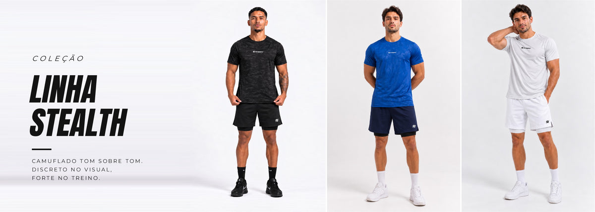 Linha Stealth Rysefit: conjuntos de treino camuflados All Black, Azul e Branco